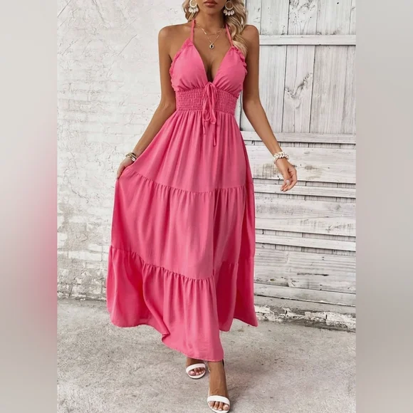 NEW Ruffle Tie Halter Tiered Long Dress Pink - Picture 4 of 7